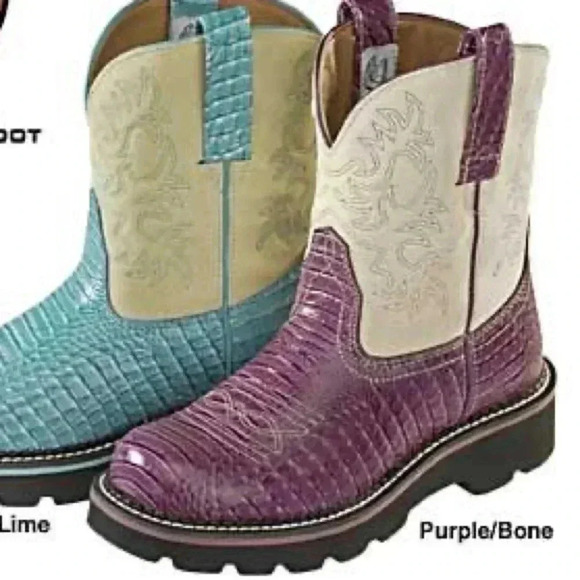 VTG. Ariat Fatbaby PURPLE /BONE CROCODILE PRINT Leather Mid Calf Boots Size 6.5 - Picture 2 of 16